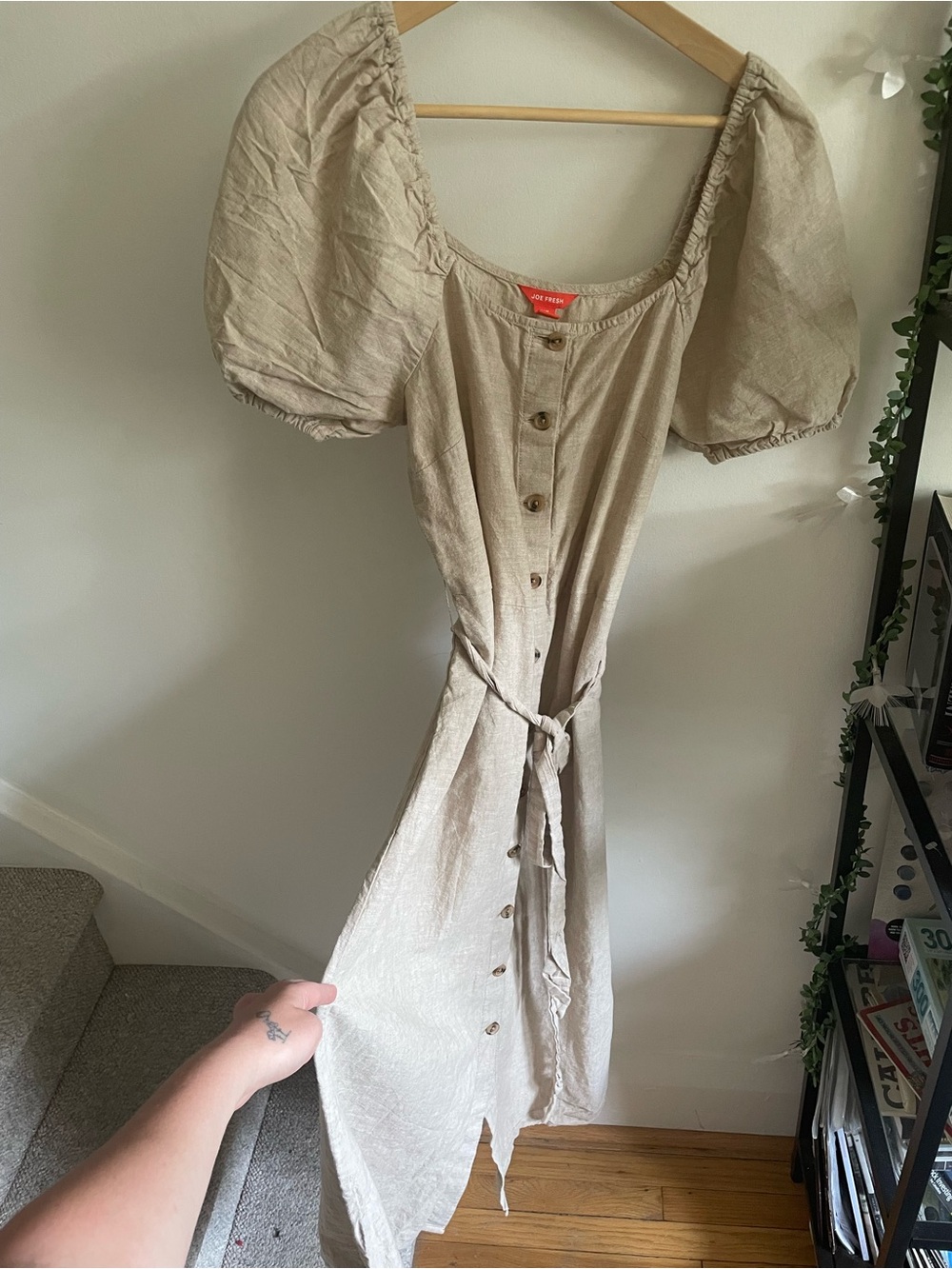 Linen Garden Girl Farmcore Beige Coastal Grandmother Puff-Sleeve Midi Dress M